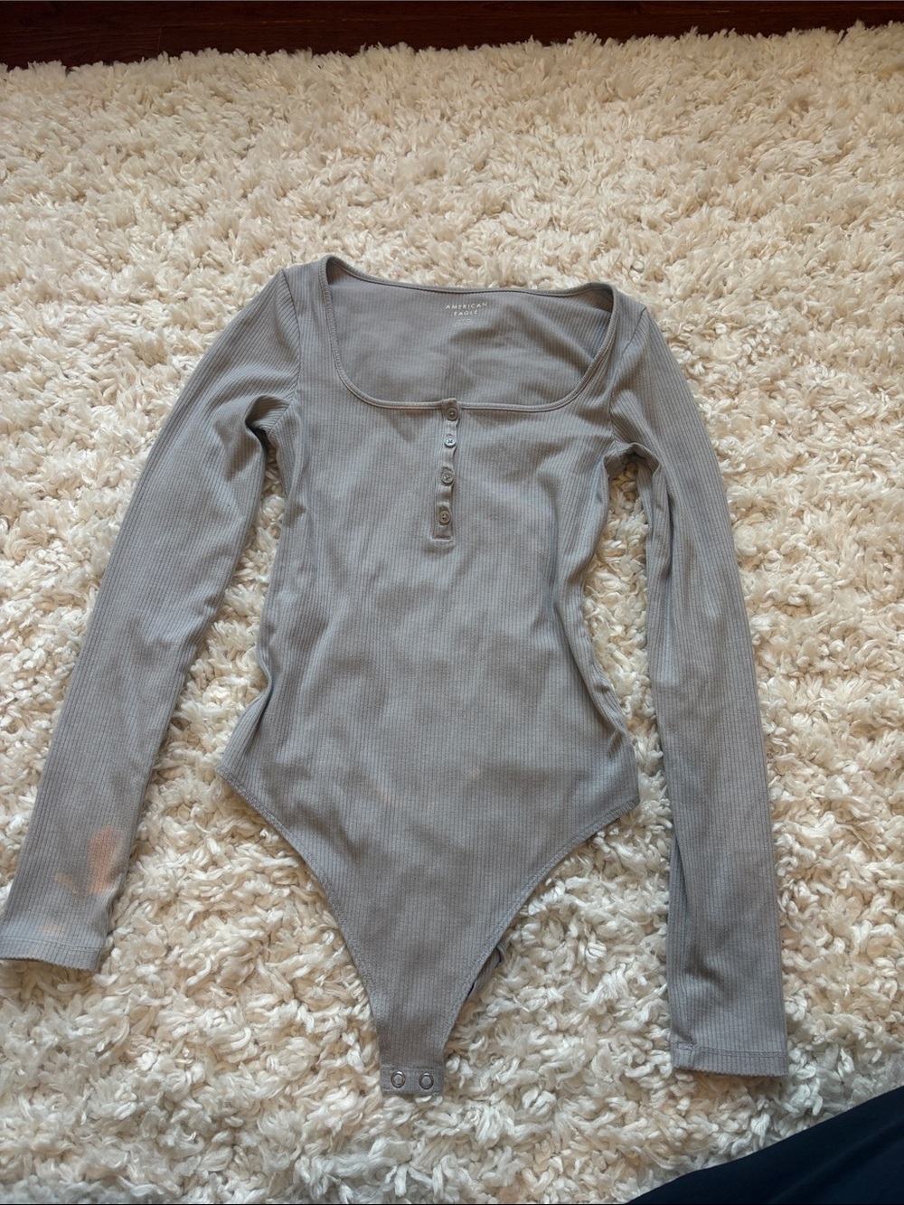 American Eagle Outfitters Ribbed Square-Neck Long-Sleeve Bodysuit - Gray